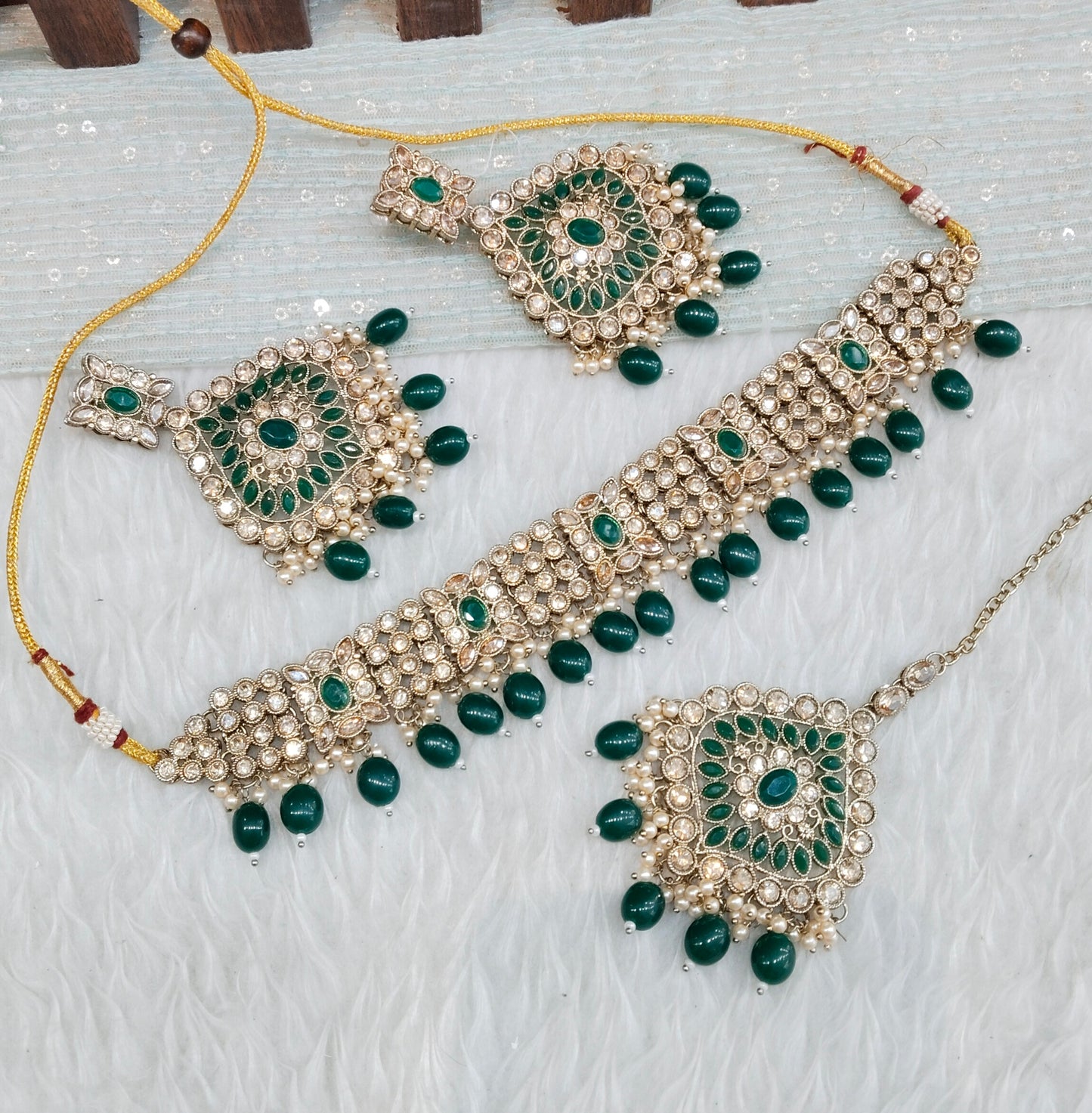Green Antique Gold Choker Indian Jewellery Hanish Set