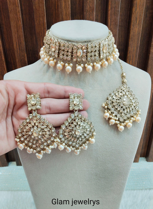 Antique Gold Choker Indian Jewellery Hanish Set