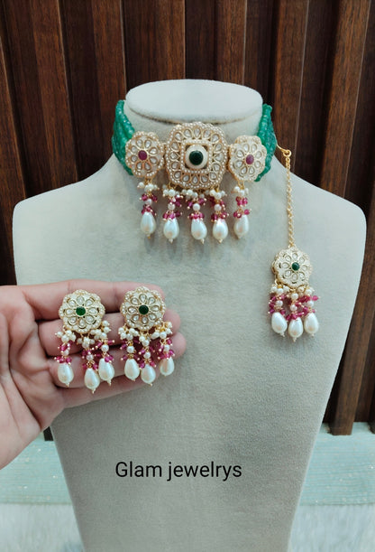 Ruby Green Gold Kundan Choker Indian Jewellery Hardik Set