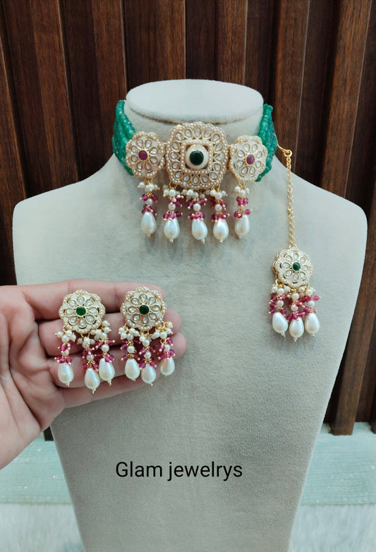 Ruby Green Gold Kundan Choker Indian Jewellery Hardik Set