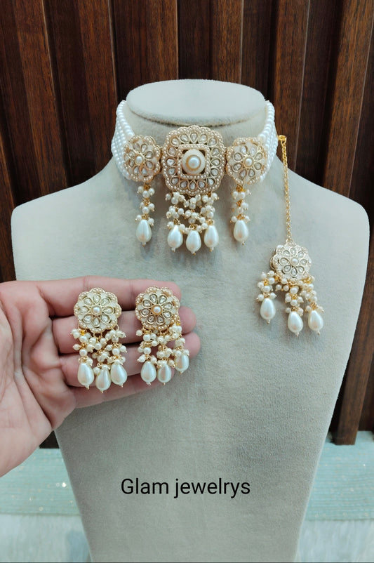 White Gold Kundan Choker Indian Jewellery Hardik Set
