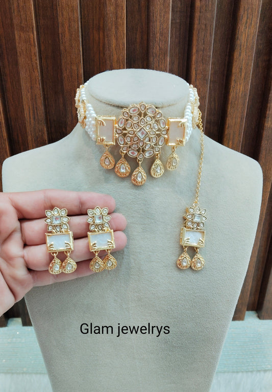 White Gold Kundan Choker Indian Jewellery Hardik Set