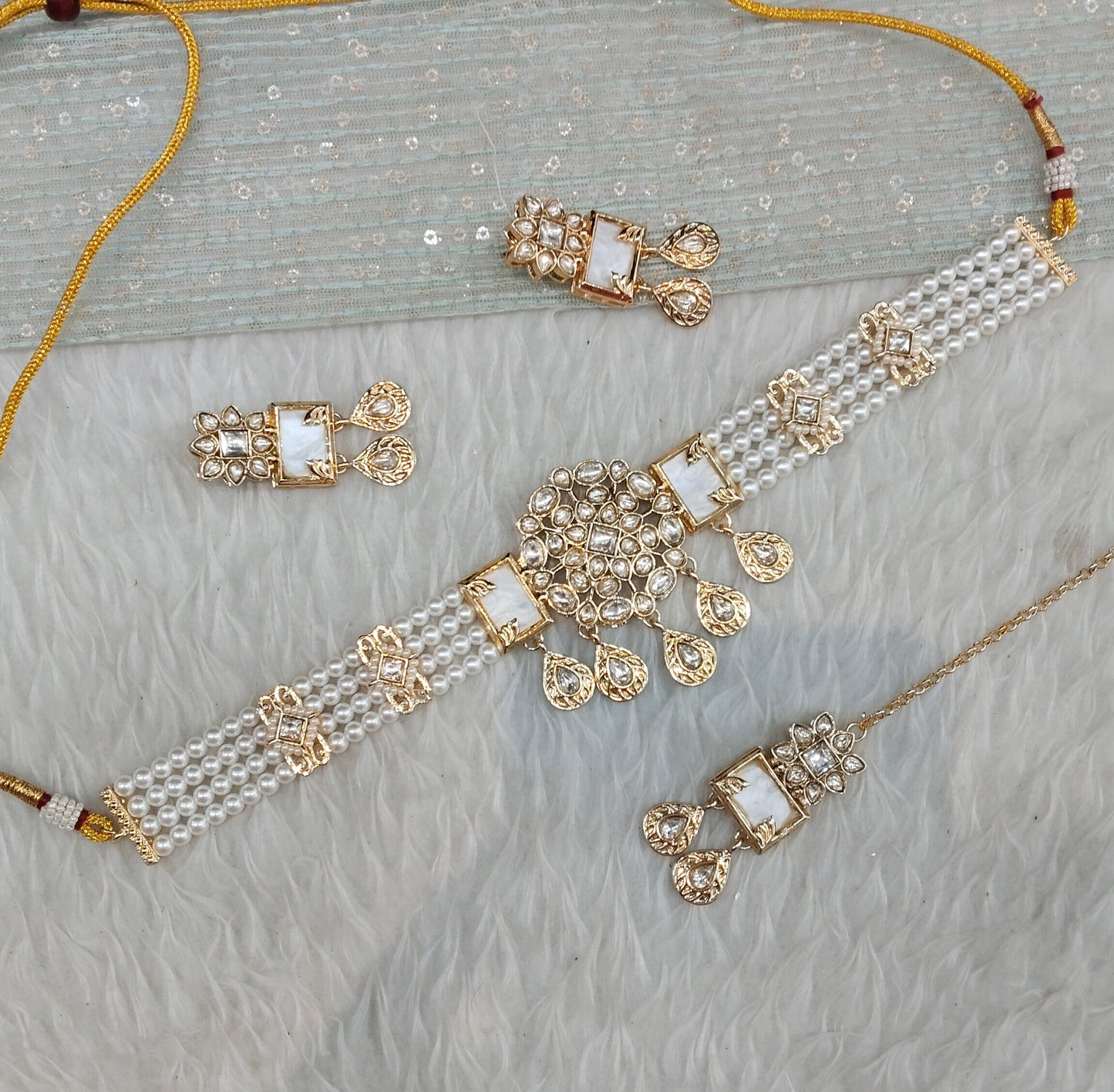 White Gold Kundan Choker Indian Jewellery Hardik Set