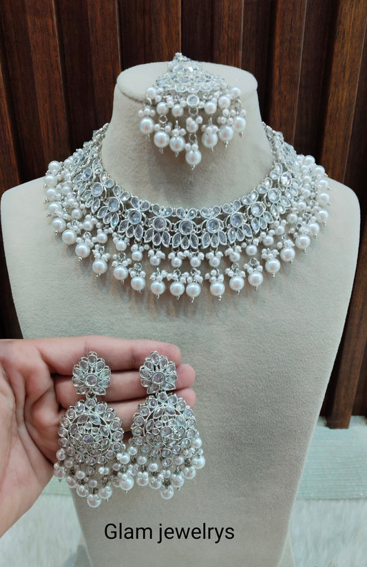 Silver White Champagne Stone Necklace Indian Jewellery Eham Set