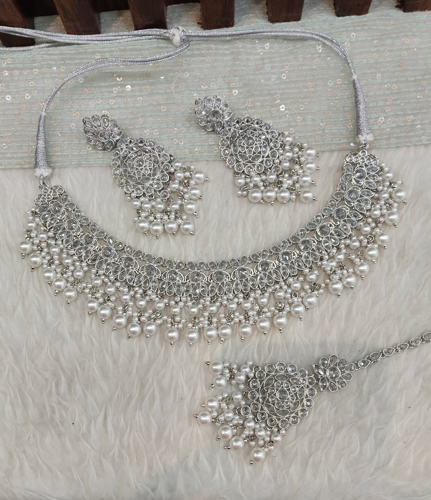 Silver White Champagne Stone Necklace Indian Jewellery Eham Set