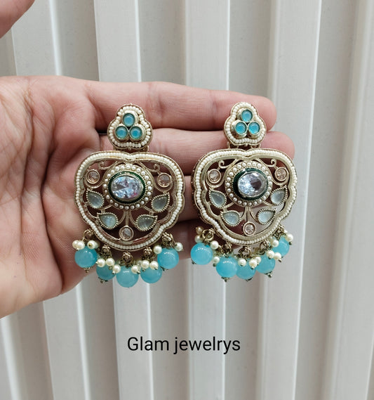 Sea Green Antique Gold Bollywood Preet Indian Earrings