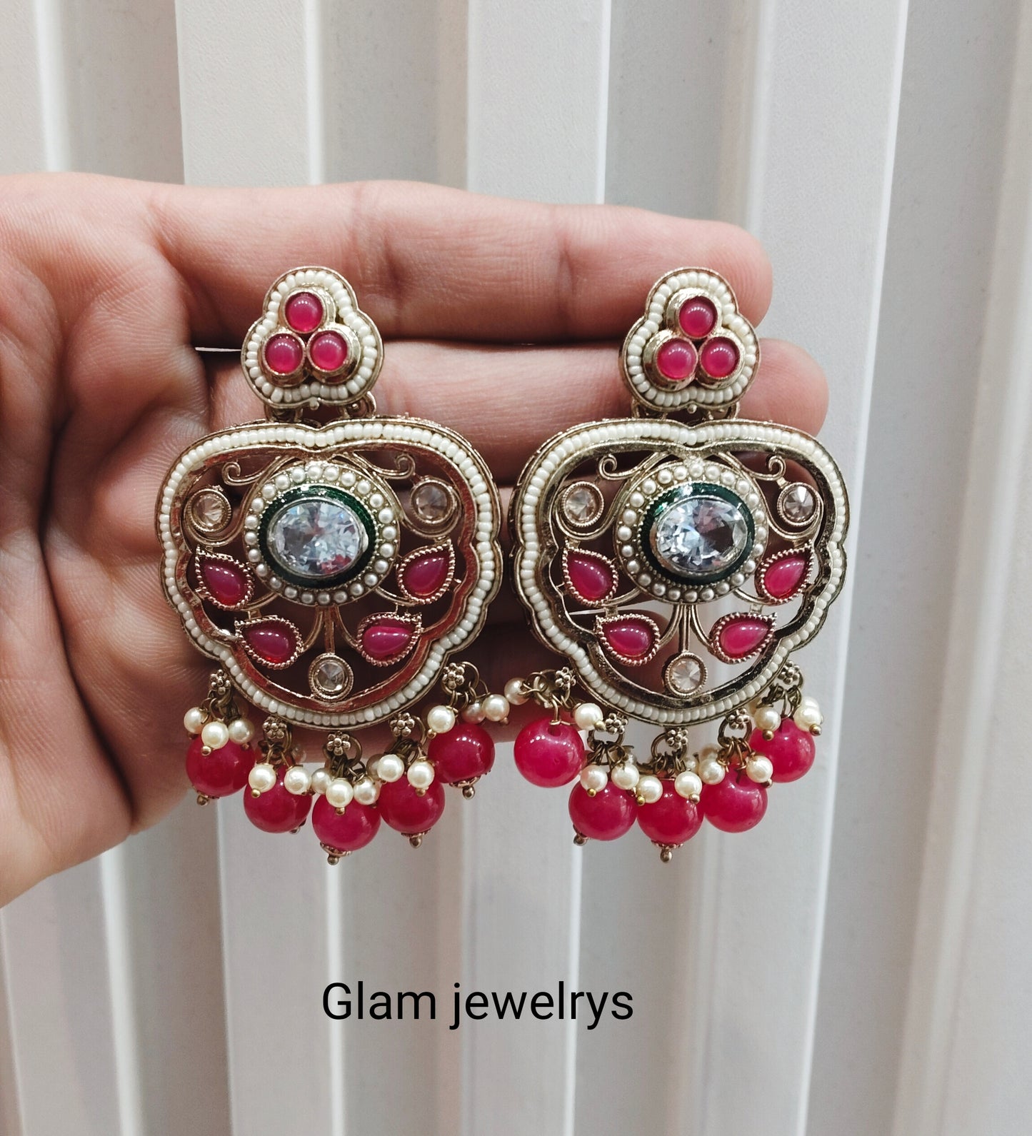 Dark Pink Antique Gold Bollywood Preet Indian Earrings