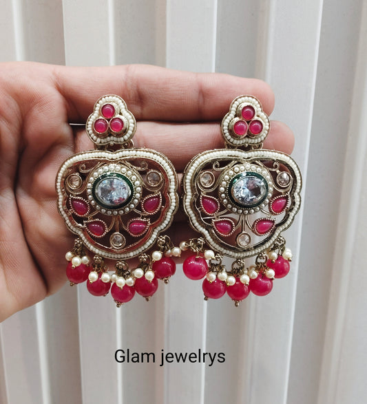 Dark Pink Antique Gold Bollywood Preet Indian Earrings