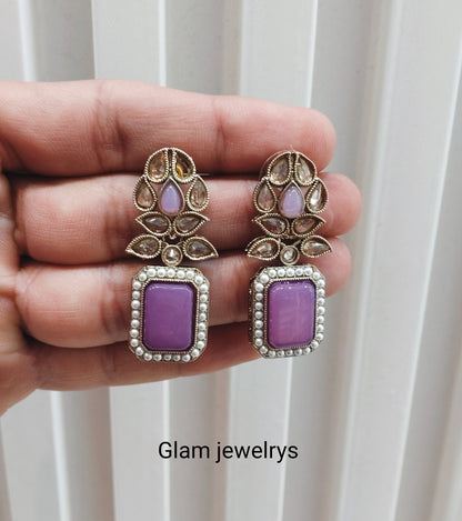 Lavender Antique Gold Bollywood Fine Indian Earrings