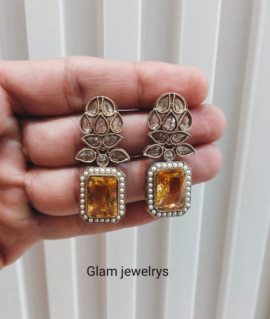 Topaz Antique Gold Bollywood Fine Indian Earrings
