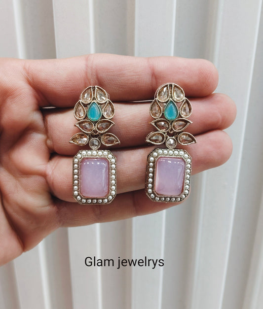 Sea Green Pink Antique Gold Bollywood Fine Indian Earrings