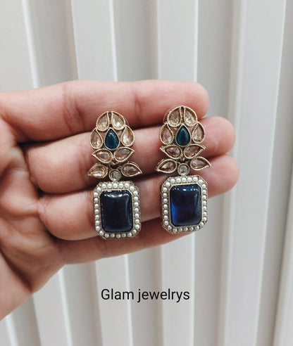 Blue Antique Gold Bollywood Fine Indian Earrings