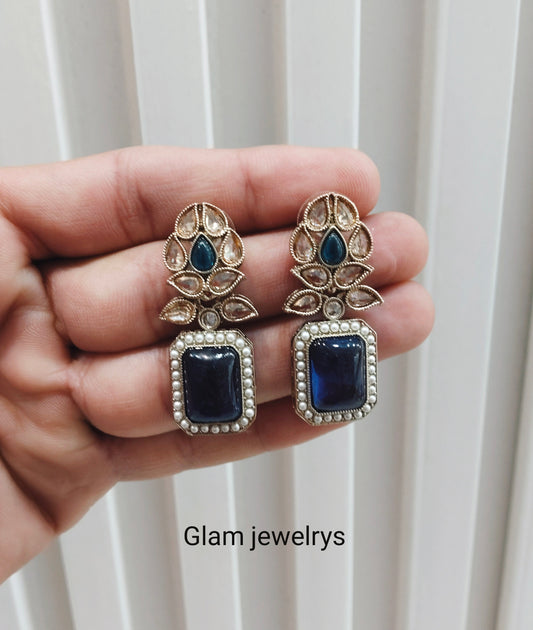 Blue Antique Gold Bollywood Fine Indian Earrings