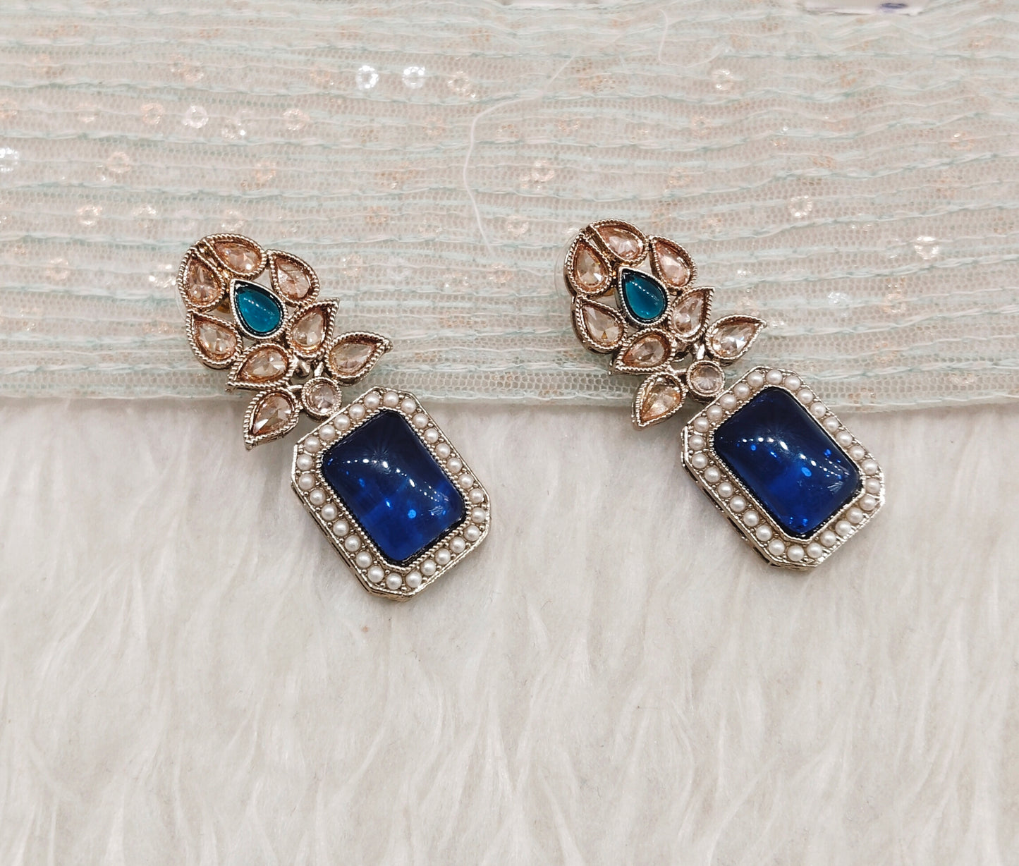 Blue Antique Gold Bollywood Fine Indian Earrings