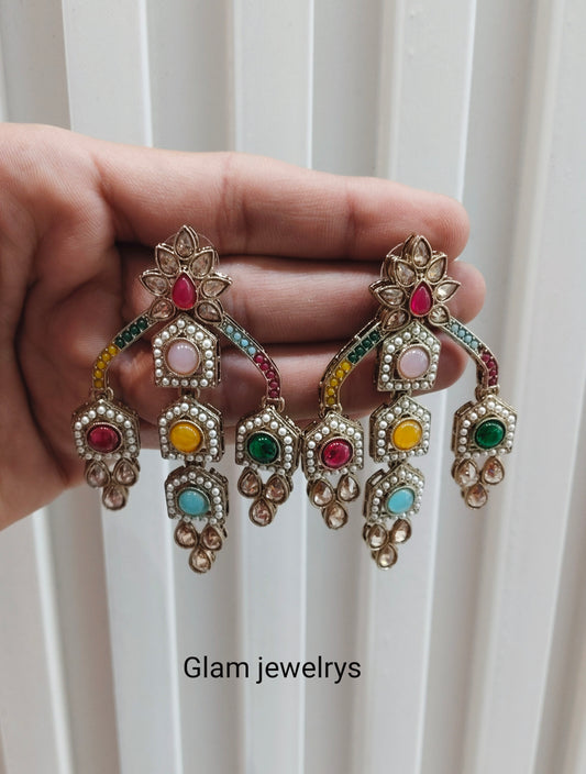 Multi Color Antique Gold Bollywood Sarpunch Indian Earrings
