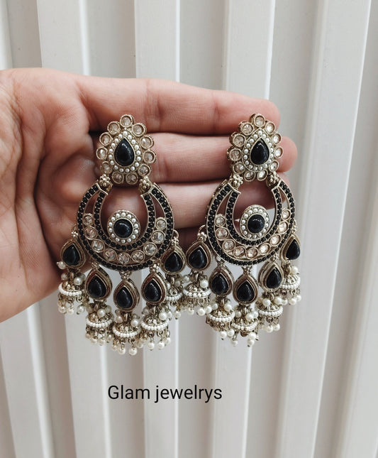 Black Antique Gold Bollywood Sarpunch Indian Earrings