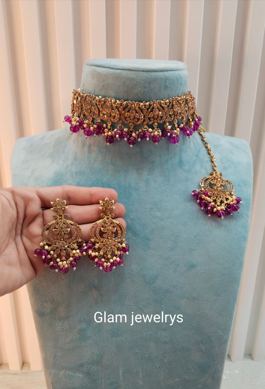 Purple Antique Gold Choker Indian Jewellery Ricky Set