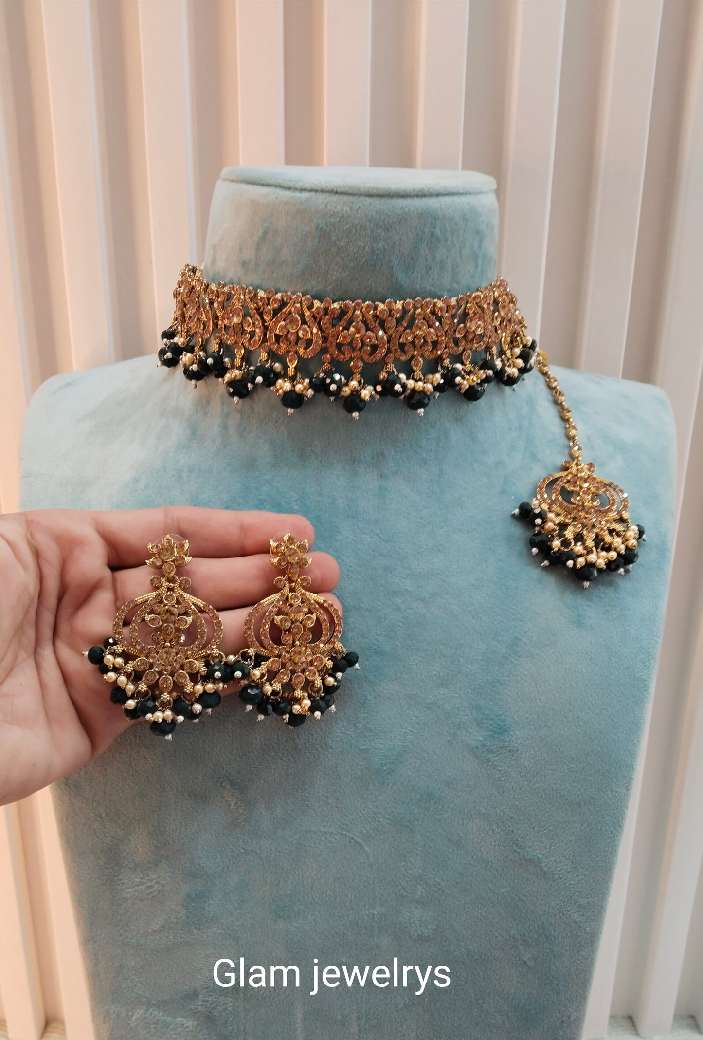 Dark Green Antique Gold Choker Indian Jewellery Ricky Set