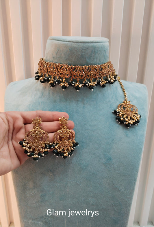 Dark Green Antique Gold Choker Indian Jewellery Ricky Set
