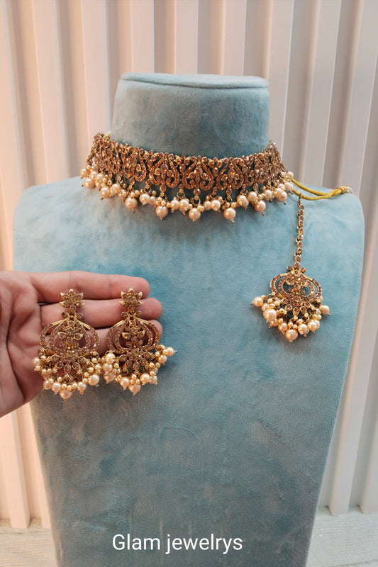 Antique Gold Choker Indian Jewellery Ricky Set