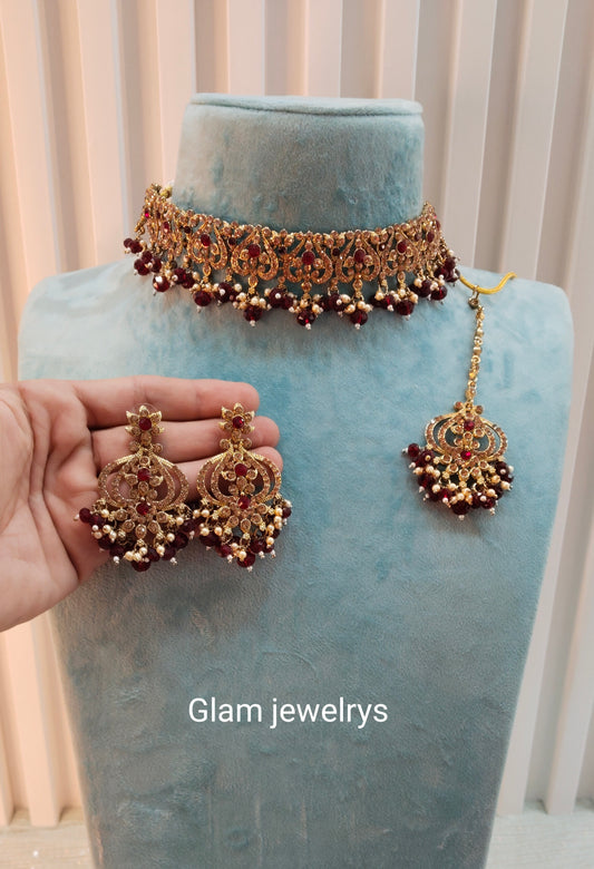 Maroon Antique Gold Choker Indian Jewellery Ricky Set