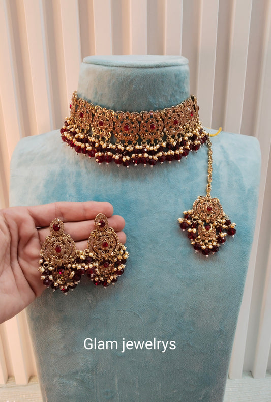 Maroon Antique Gold Choker Indian Jewellery David Set