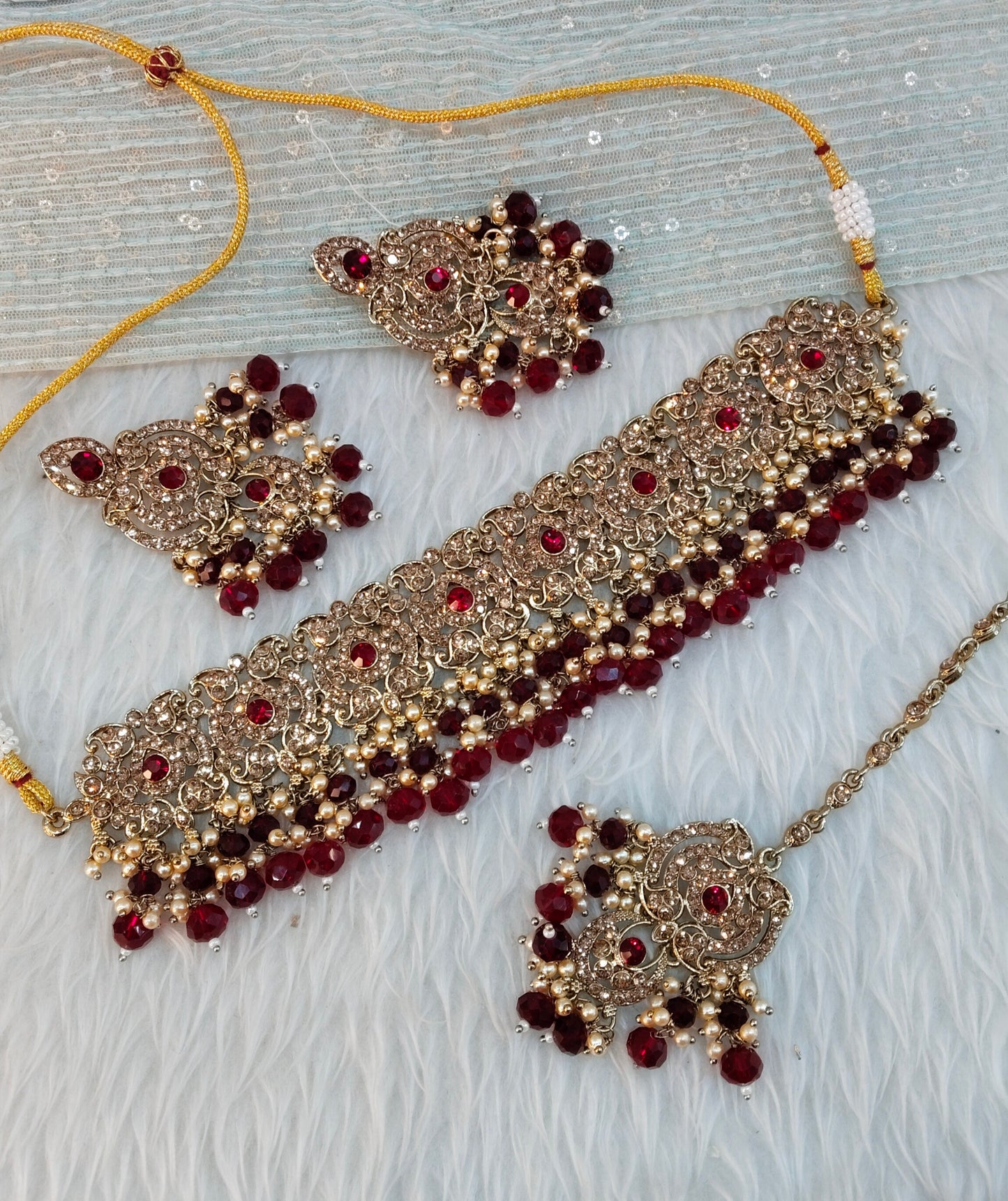 Maroon Antique Gold Choker Indian Jewellery David Set