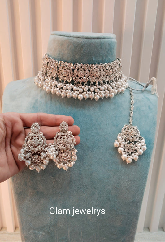 Silver White Choker Indian Jewellery David Set