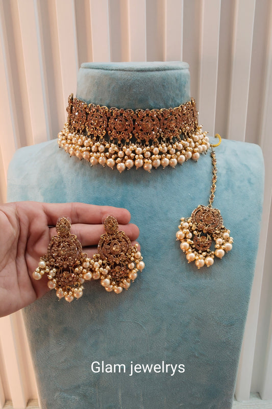 Antique Gold Choker Indian Jewellery David Set