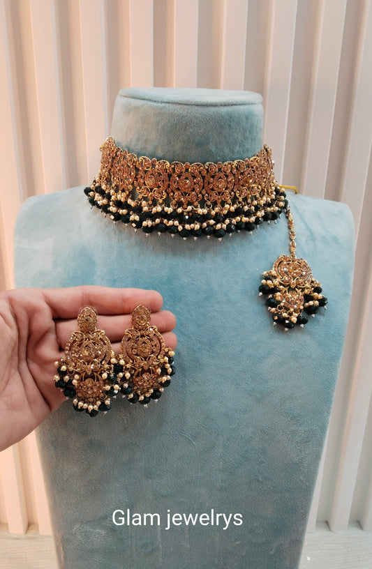 Dark Green Antique Gold Choker Indian Jewellery David Set