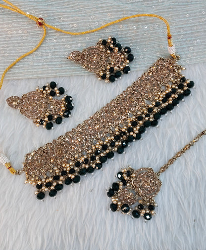 Dark Green Antique Gold Choker Indian Jewellery David Set