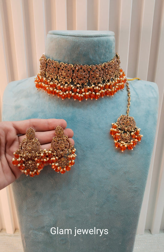 Orange Antique Gold Choker Indian Jewellery David Set