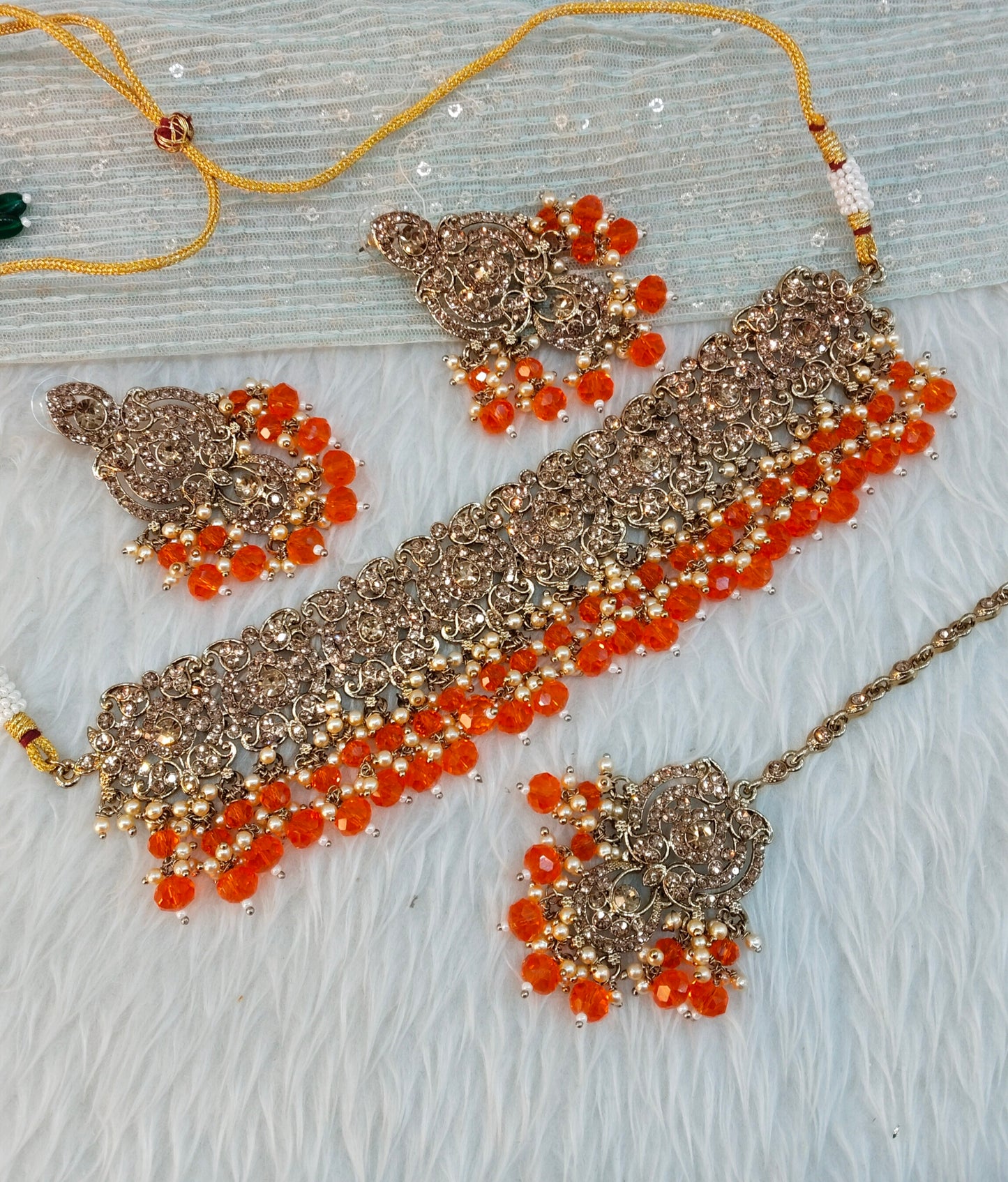 Orange Antique Gold Choker Indian Jewellery David Set