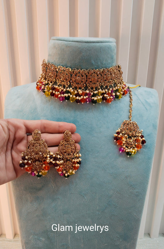 Multi Color Antique Gold Choker Indian Jewellery David Set