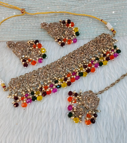 Multi Color Antique Gold Choker Indian Jewellery David Set