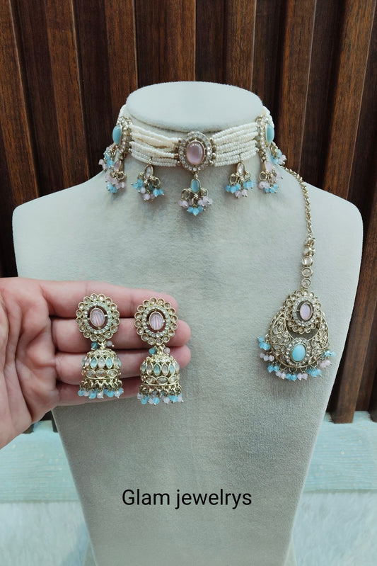 Sea Green Champagne Stone Choker Indian Jewellery Juliet Set
