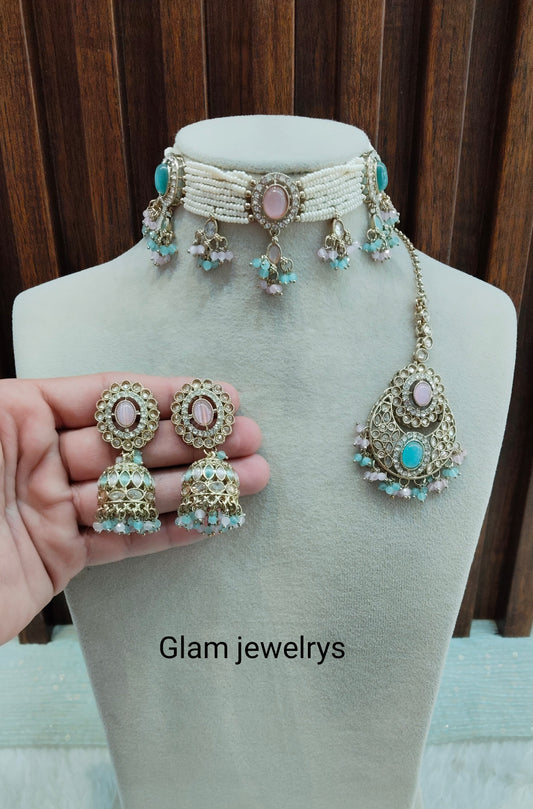 Mint Pink Champagne Stone Choker Indian Jewellery Juliet Set