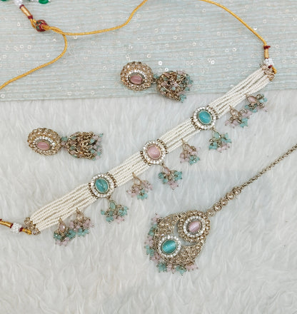Mint Pink Champagne Stone Choker Indian Jewellery Juliet Set