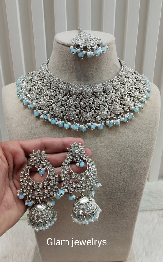 Silver Sea Green Necklace Set Indian Bridal astin Jewellery