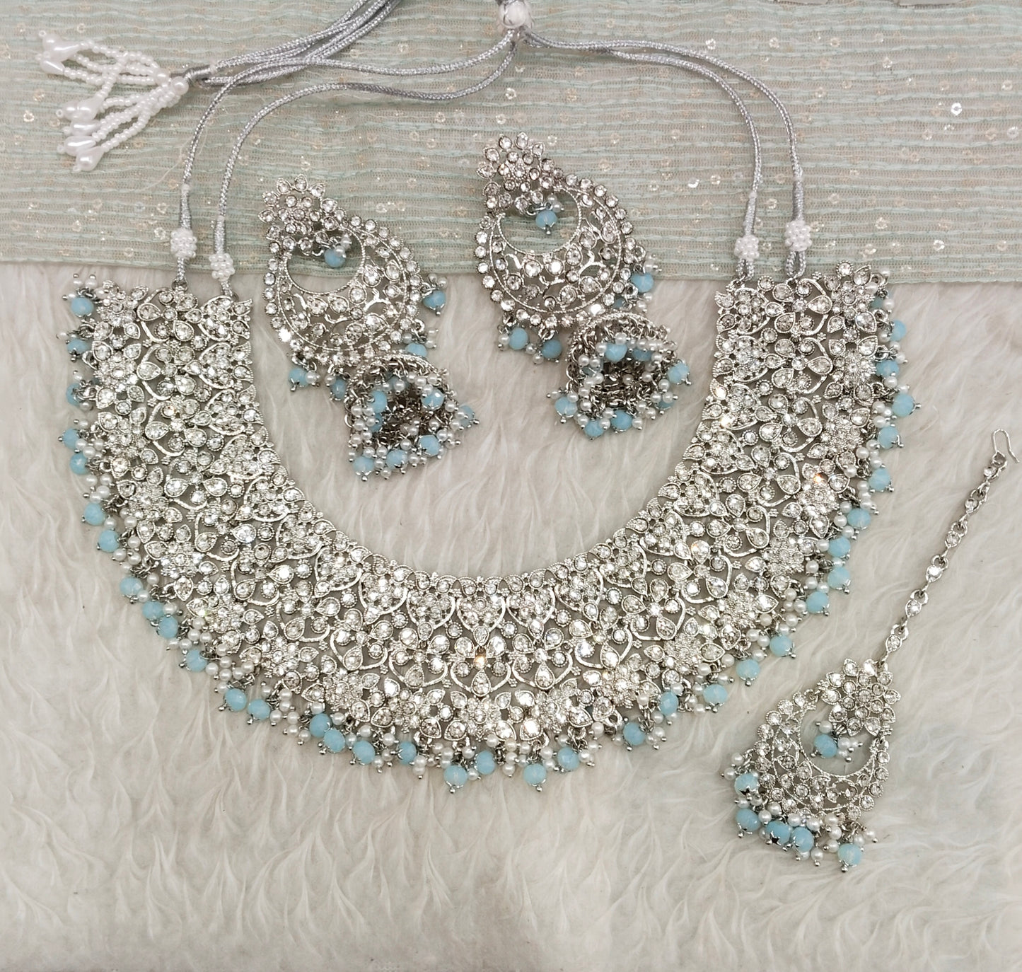 Silver Sea Green Necklace Set Indian Bridal astin Jewellery