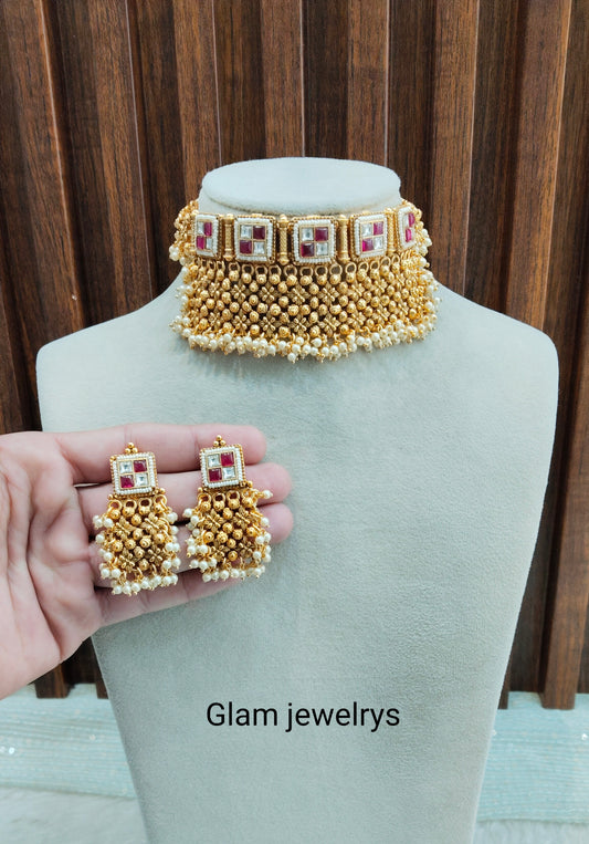Ruby Gold Polki Choker Indian Jewellery Smile Set