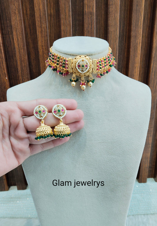 Ruby Green Gold Polki Choker Indian Jewellery Smile Set