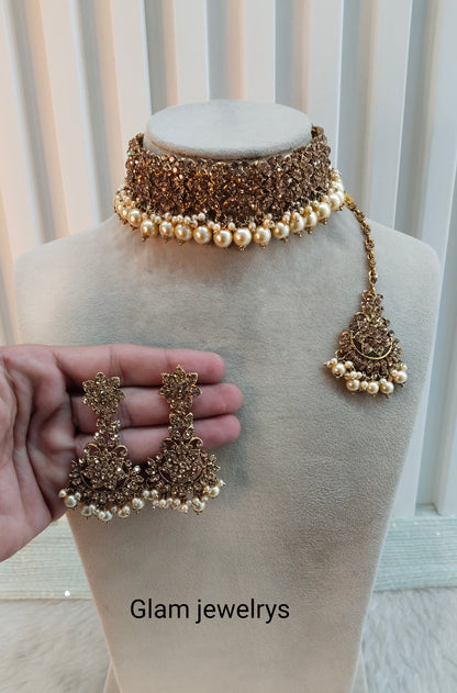Antique Gold Choker Indian Jewellery Tesli Set