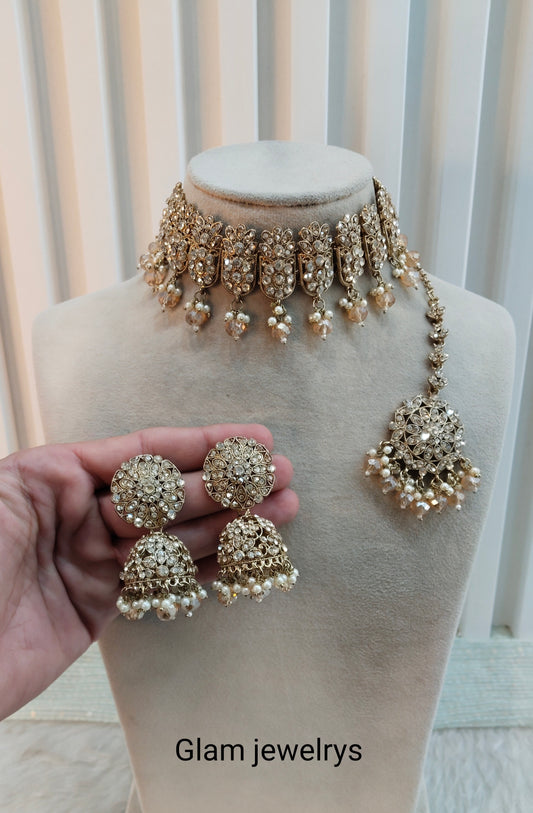Antique Gold Choker Indian Jewellery Pakistani Jhumar Tejasvi Set