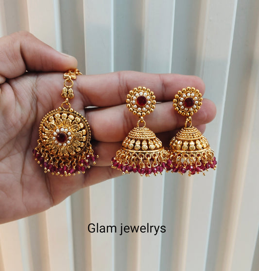 Ruby Gold Jhumki Indian Bollywood Earrings and Tikka