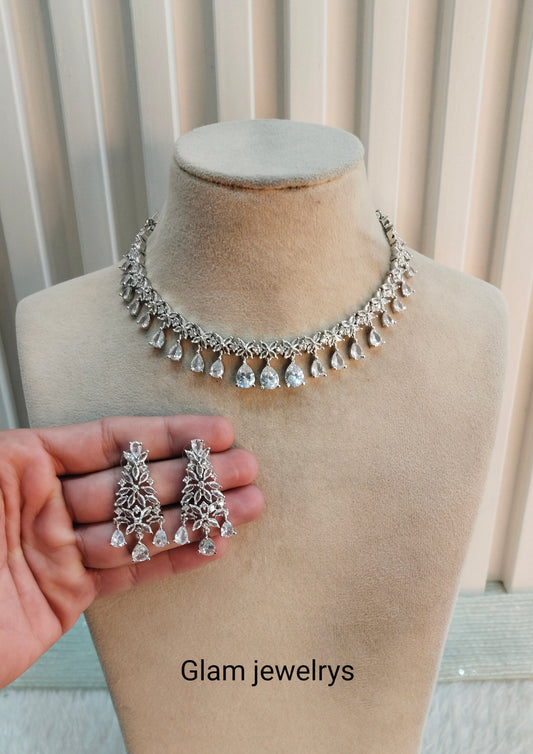 White Silver CZ Necklace Indian Jewellery Marker Set