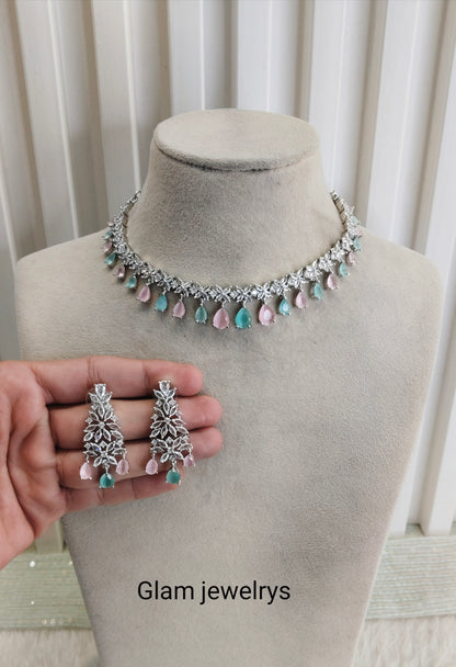 Sea Green Pink Silver CZ Necklace Indian Jewellery Marker Set