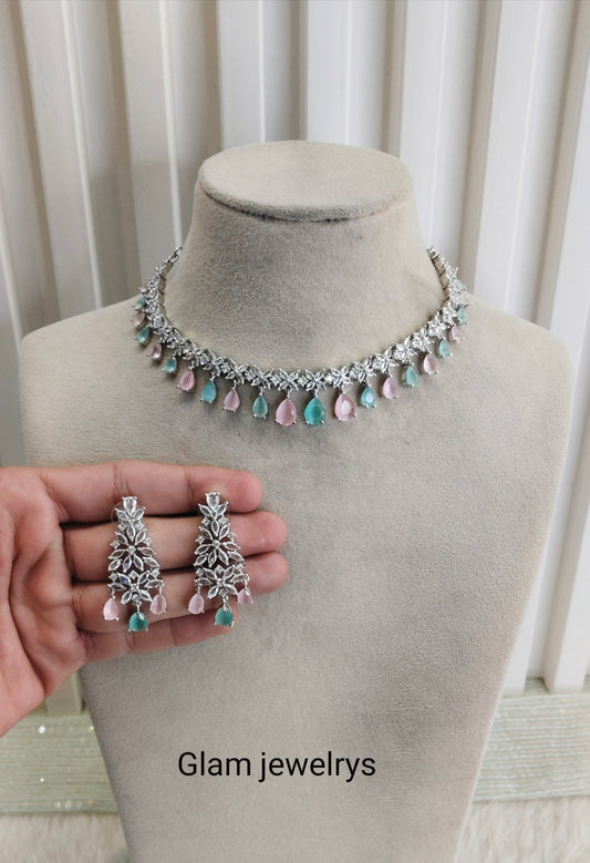 Sea Green Pink Silver CZ Necklace Indian Jewellery Marker Set