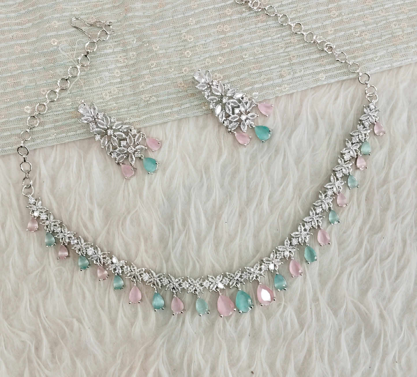 Sea Green Pink Silver CZ Necklace Indian Jewellery Marker Set