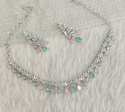 Sea Green Pink Silver CZ Necklace Indian Jewellery Marker Set